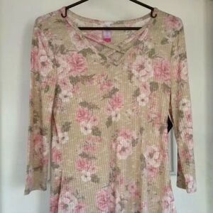 No Boundaries Tunic top juniors sz M (7-9)Floral tan pink green Earthen Khaki